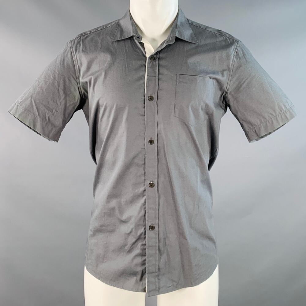 DRIES VAN NOTEN 38 Grey White Contrast Trim One Pocket Cotton Short Sleeve Shirt